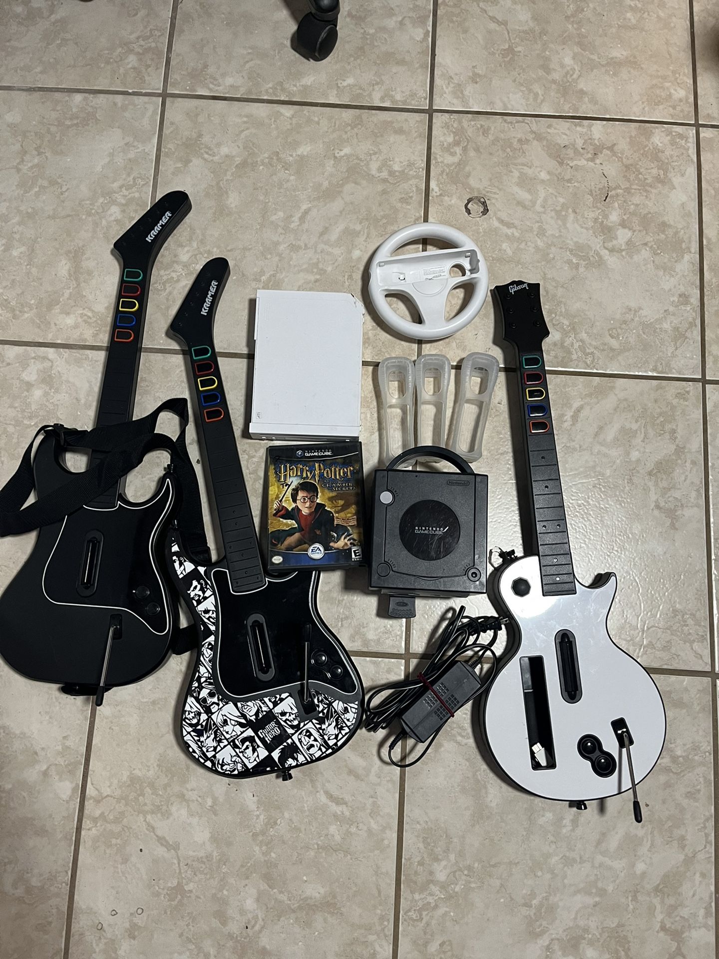 Game Cube, Wii, 2 Ps2 Kramer Guitar Hero Controllers And A Wii Gibson Guitar Hero Controller for