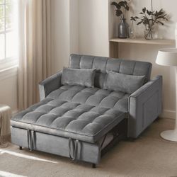 Joqixon 3 in 1 Convertible Velvet Sofa Bed with Pull Out Coach Bed, Adjustable Backrest, Loveseat Futon Sofa with Pillows & Pockets for Bedroom, Livin