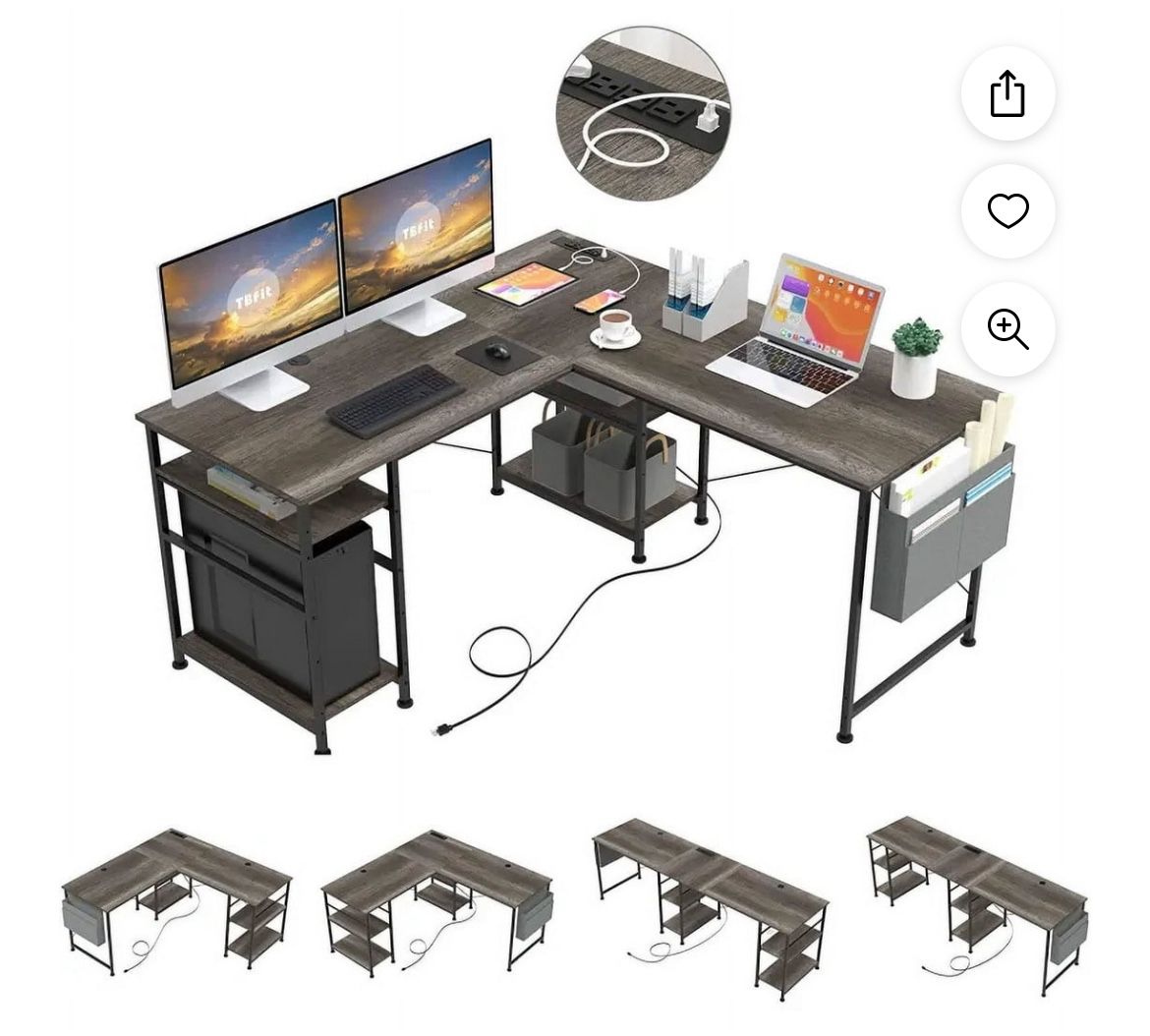 L Shaped Computer Desk  - Gaming Desk with Power Outlet & USB Charging Port,Corner Reversible Computer Desk with Storage Shelves & LED Ligh