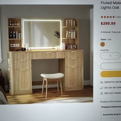 HAUOMS Fluted Vanity Desk W Soft Light Mirror