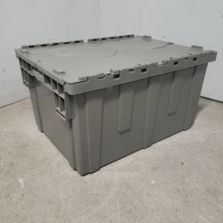 Heavy-Duty Gray Plastic Storage Bin with Hinged Lid