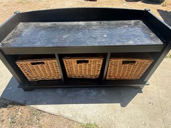 🖤 BLACK STORAGE BENCH / ENTRYWAY BENCH WITH 3 WICKER BASKETS 🖤