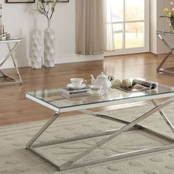 Brand New Chrome Glass 3pc Coffee Table Set