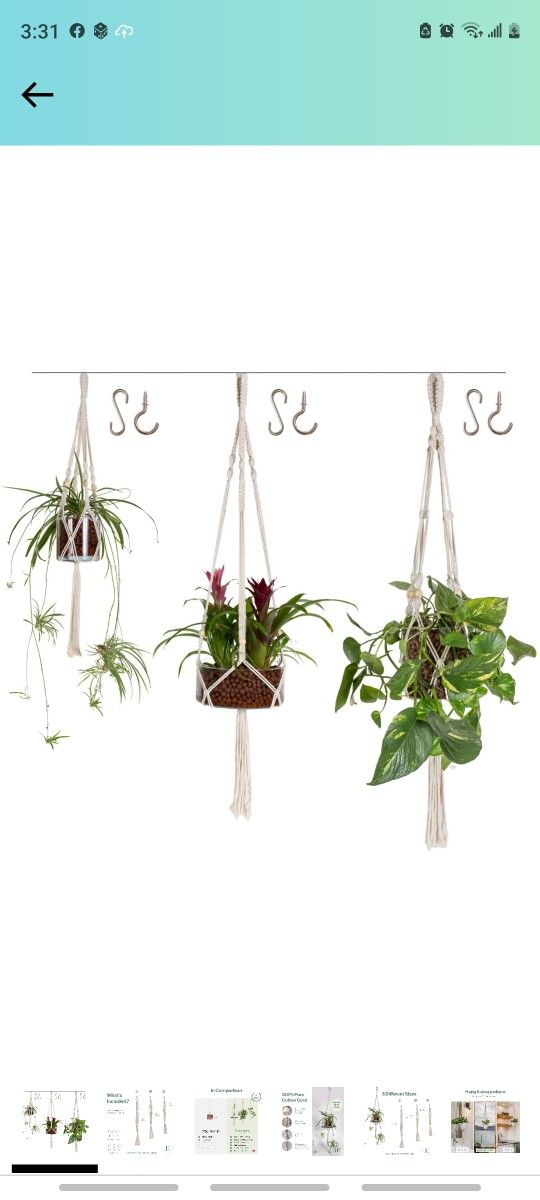 Encore Essentials 3 Pack Macrame Plant Hangers - Set of 3 Woven Indoor Crochet Plant Hangers (37”,43" & 49”) - Boho Hanging Ceiling Planter Baskets fo