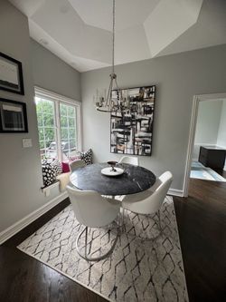 Black Marble and Silver Dining Table and 4 white leather chairs