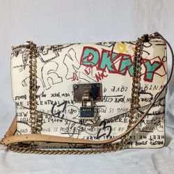 DKNY Elissa Leather Graffiti Logo Chain Strap Shoulder Bag