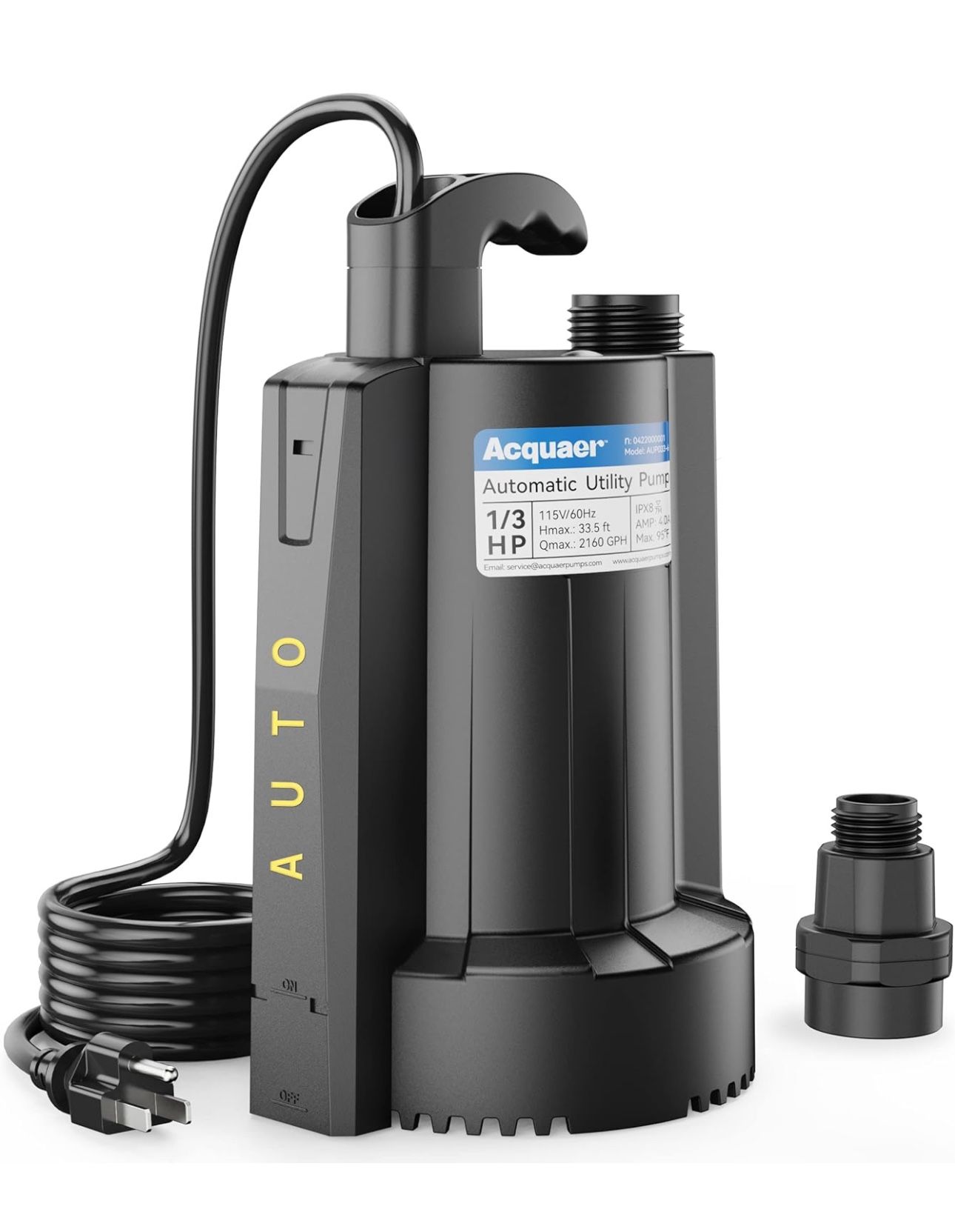 Acquaer 1/3 HP Automatic Submersible Water Sump Pump, 115V with 3/4” Garden Hose Check Valve Adapter,2160 GPH High Flow New In Box !!