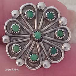 Vtg.ZUNI Native 1960's STERLING SILVER GREEN TURQUOISE FLOWER RING- SZ7