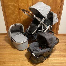 Uppababy Vista V2 Double Stroller with Bassinet and Car Seat Light Grey