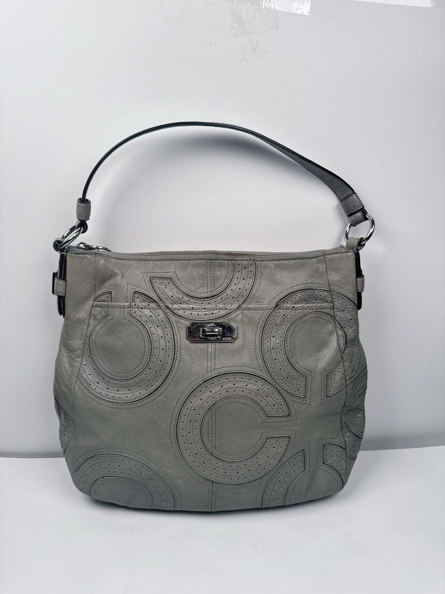 Coach Gray Leather Hobo Bag Perforated Op Art C Shoulder Bag Vintage