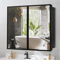 New 30x26 Farmhouse Black Metal Framed Recessed or Surface Bathroom Medicine Cabinet with Mirror