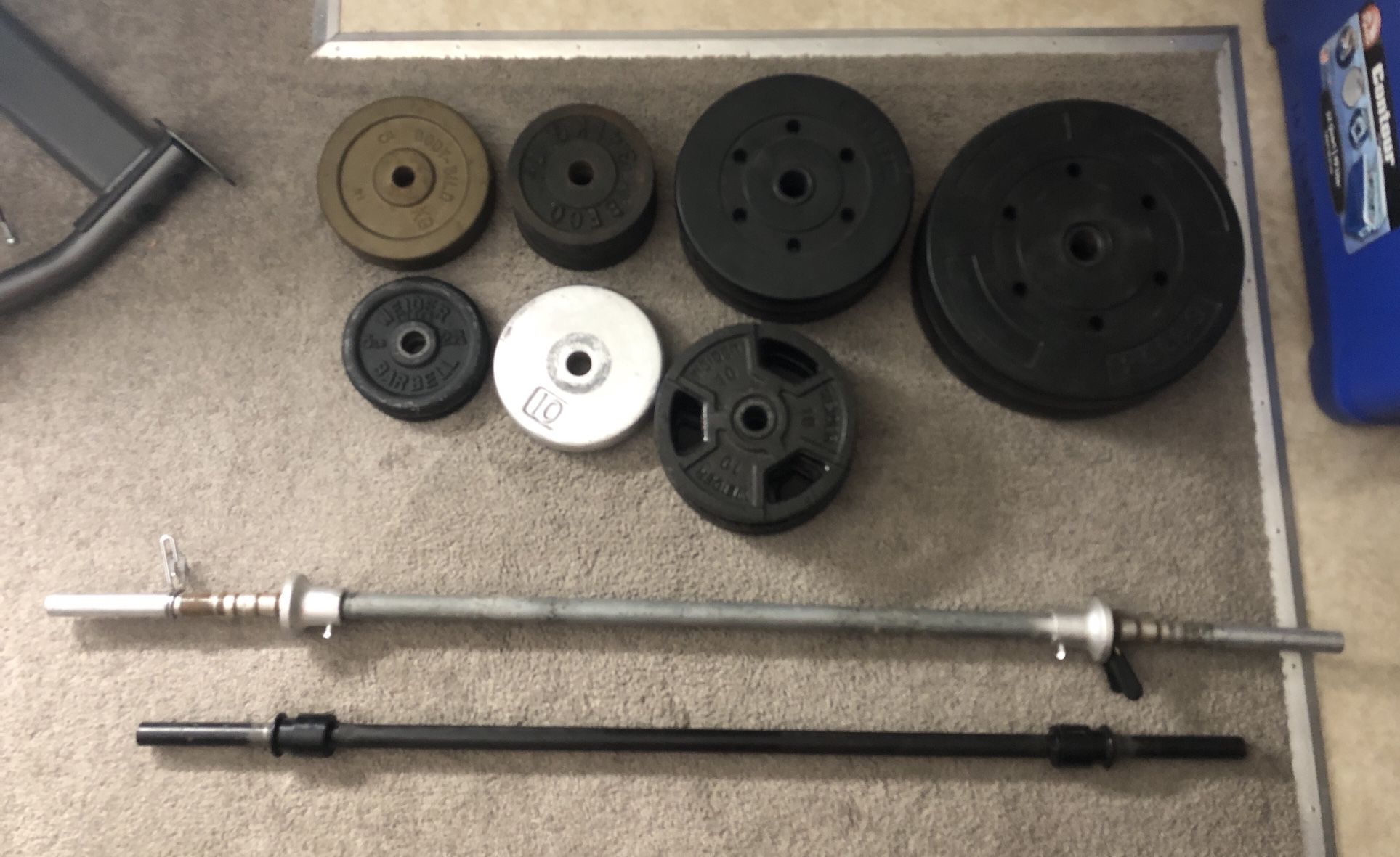 2 Bars And Round Free Weights (Approximately 205 lbs TOTAL)