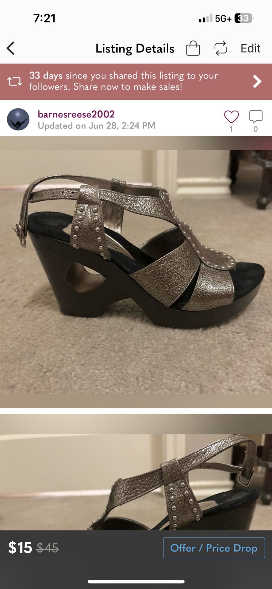 Dezario Gun Metal Suede Lined 4 inch Wedge Heels Size 8W No Box