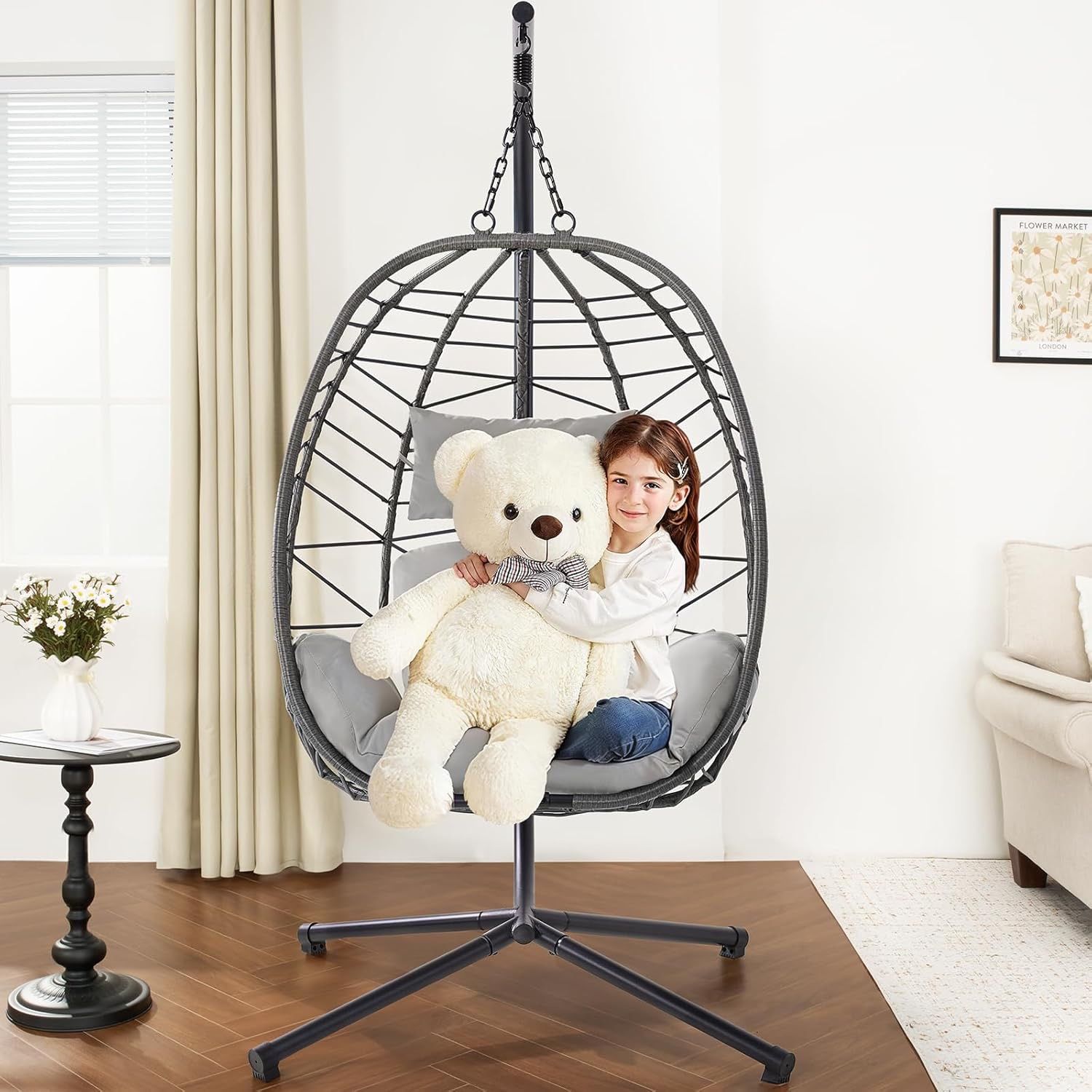 Hanging Egg Chair with Stand, Outdoor Indoor Egg Swing Chair with Cushion Headrest, Rattan Wicker Egg Chair with Dual Chains, 350LBS Capacity for Pati