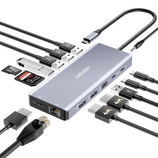 LASUNEY USB C Laptop Docking
Station Dual Monitor,_14 in 1 USB C
Hub Multiport Adapter Dongle with
2 HDMI, DisplayPort, RJ45,_SD/TF,
USB C/A Ports,PD,