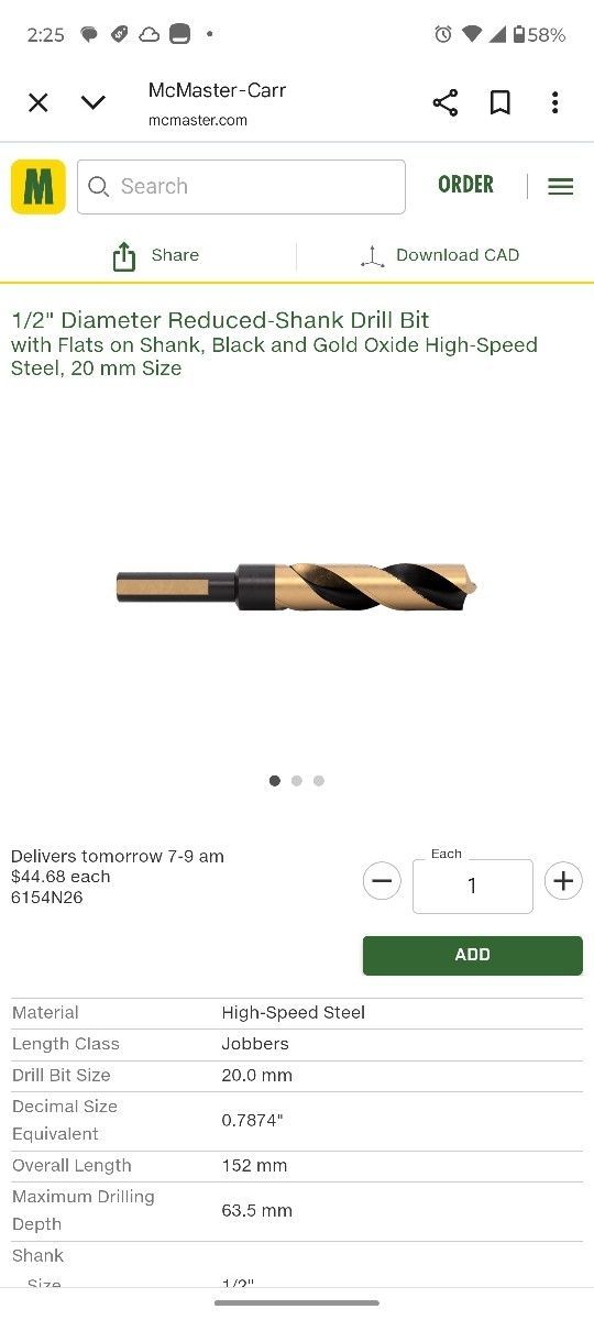 1/2 " Diameter Reduced Shank Drill Bit 20mm