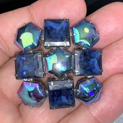 Square Blue Rhinestone & Hexagon Iridescent Glass Brooch Vintage Pinback Jewelry