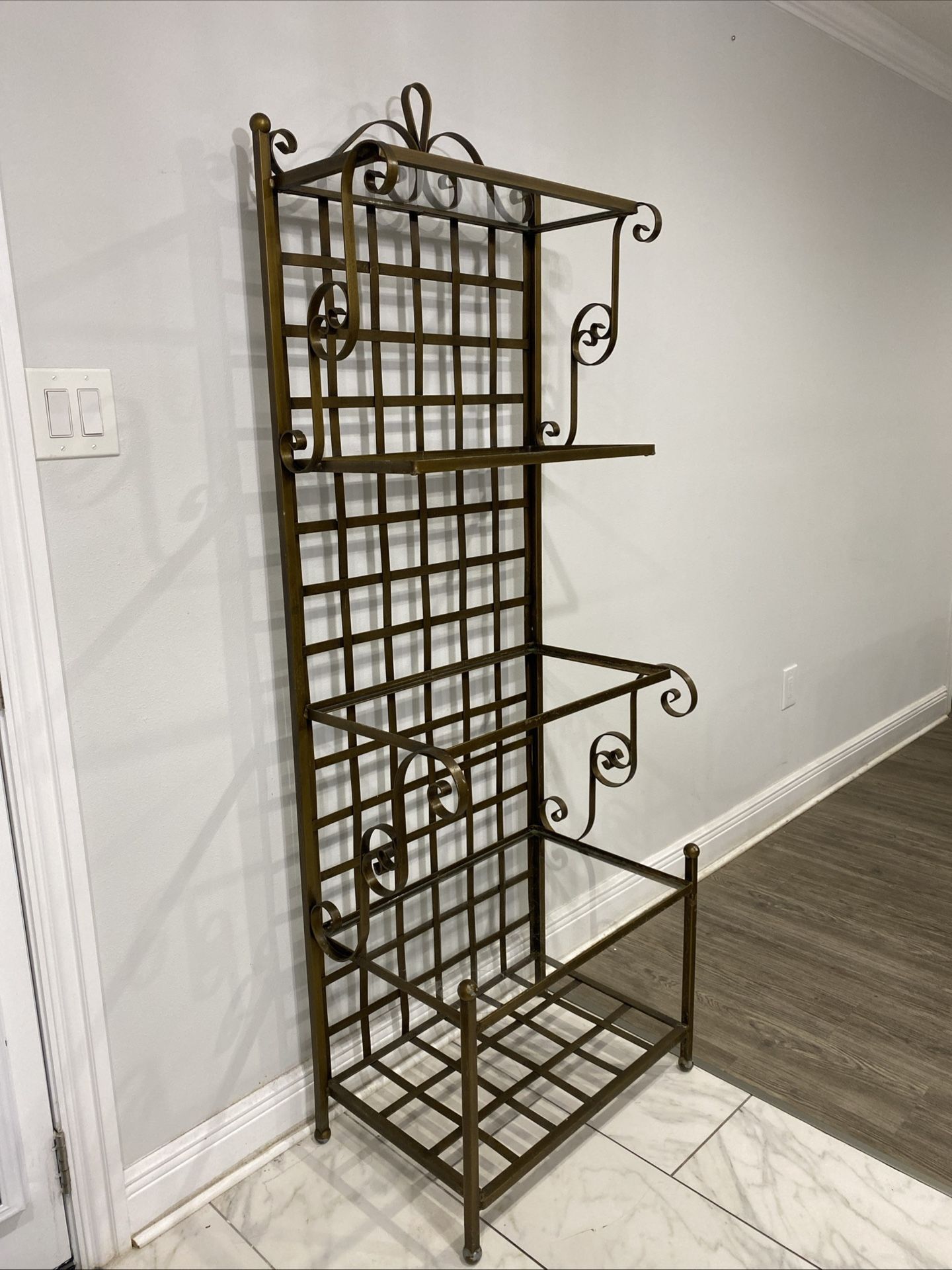 Vintage 4 Glass Shelves Wrought Iron Powder Coated Bronce Bakers Rack 73”