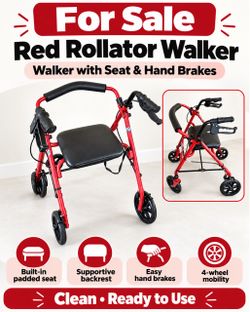 Red Rollator Walker with Seat and Hand Brakes