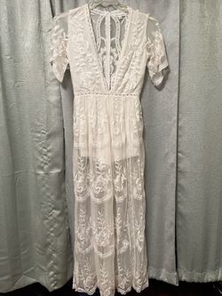 Boho white lace romper w plunging neckline