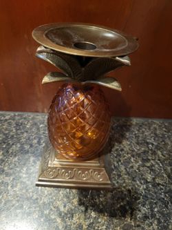 Pineapple brown glass and metal candle pedestal, approx 7" tall
