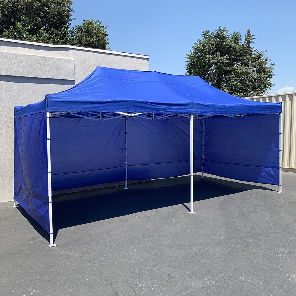 $225 (New) Heavy duty 10x20 ft canopy (with 4 sidewalls) ez pop up outdoor party tent w/ carry bag (white/blue)
