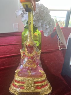 Thai Crystal Buddha 10" - Pink Resin Gold Gem - Proceeds to Temple Donation