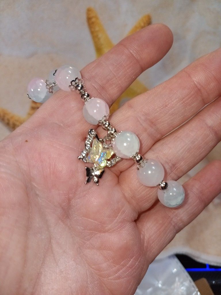 Light Pink And Clear Beaded Butterfly 🦋 Stretch Bracelet