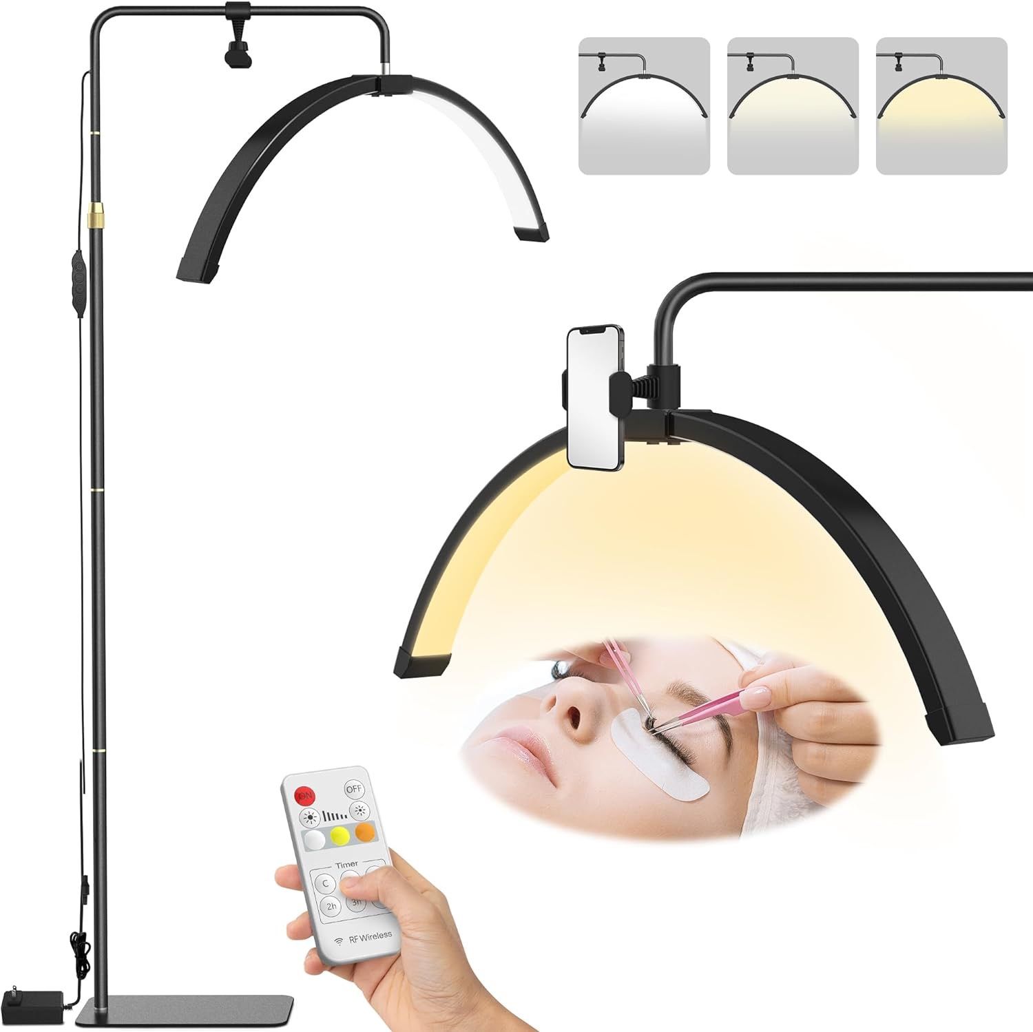 Lash Light for Eyelash Extensions, 3 Color Modes Esthetician Light with Phone Holder, Half Moon Lamp for Lashes, Height Adjustable LED Floor Lash Lamp