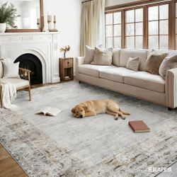 5x7 Washable Low Pile Nonslip Area Rug, Gray with Border