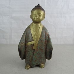 Japanese Okimono Vintage Cast Iron Buddhist Boy Statue 11" Tall


