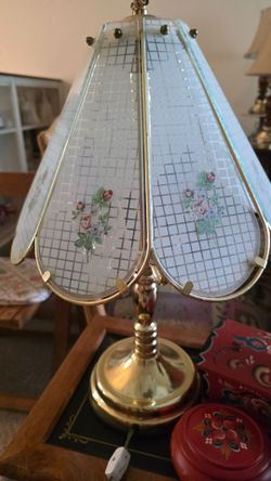 Vintage Brass Table Lamp with Glass Panel Shade