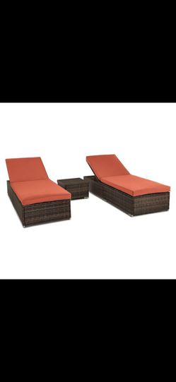 2 Outdoor Chaise Lounges with Cushions and Storage Table