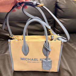 Michael Kors Mirella Small Shopper Crossbody – Beige Canvas / Chambray Blue
