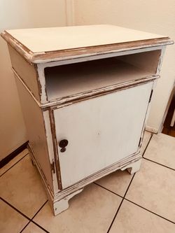 Vintage Night stand Stow & Davis  cabinet distressed white solid wood