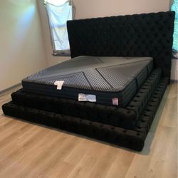 Brand New Black Upholstered Platform Step King And Queen Size Bed Frame - Mattress