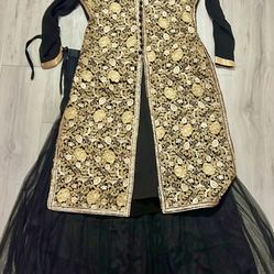 3 piece koti with skirt dupatta black gold indian dress new