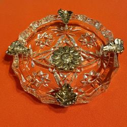 Mid-Century Clear Prescut Glass Ashtray with Brass Accents