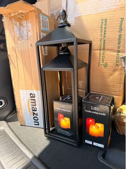 MATAHUM Modern Farmhouse Lanterns Decorative Indoor & Outdoor, 17" 13" Set of 2 Black Vintage Lantern with Flameless Candles, Metal Rustic Lantern Dec