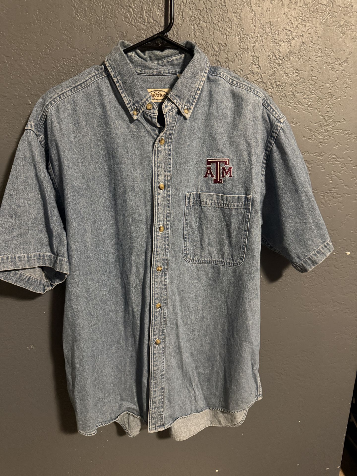 Texas A&M University Denim Shirt Embroidered Logo Short Sleeve, Size Medium 
