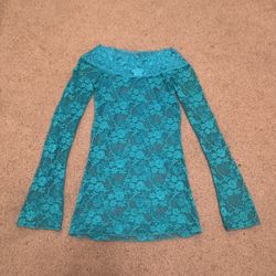 Xs teal lace top long sleeve shirt blouse y2k MySpace festival outfit sheer stretch