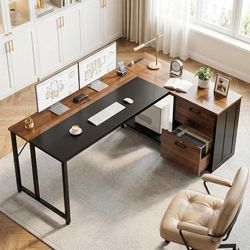 61" L Shaped Office Desk with Wood Drawers & Lockable File Cabinet