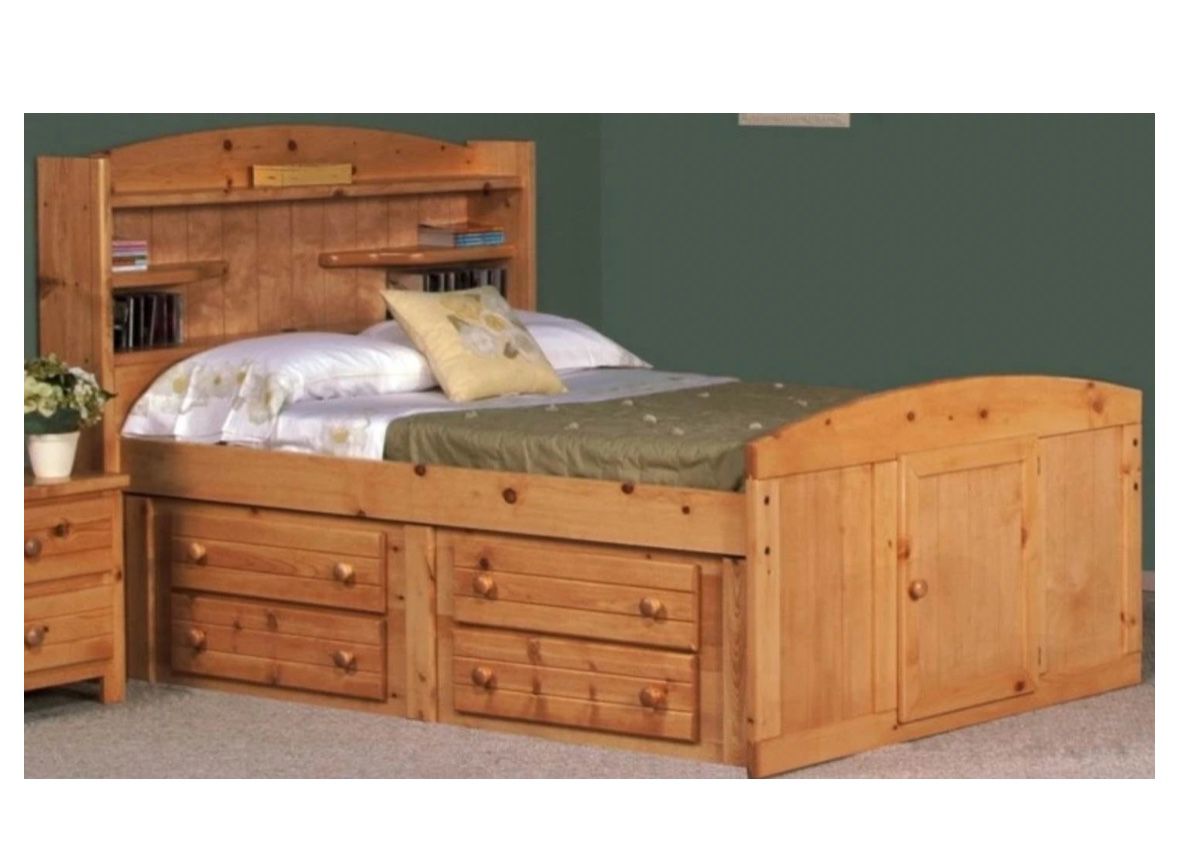Full Size Captain Bed Frame With Storage- Natural Wood