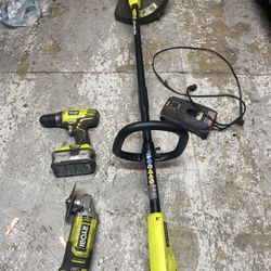 Ryobi Drill Angle Grinder Edge Trimmer Battery And Charger 