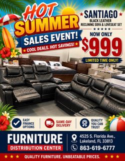 Limited time sale. Santiago black leather reclining sofa and loveseat set only $999. Easy finance option. Same-day delivery.