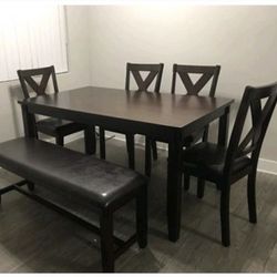 Solid Wood 6pc Dining Table Set With 4 Chairs And Bench