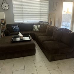 Brown Corduroy sectional with ottoman