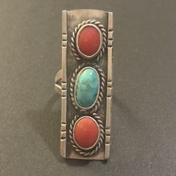 Coral & Turquoise Ring Sterling Silver 925 Size 5