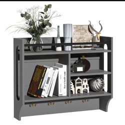 New in Box Wall-Mounted Floating Storage Shelf with 4 Storage Units and 4 Dual Hooks, Grey 830-308v80gy