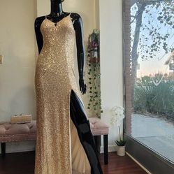 Shine with this NEW gold strappy sequin silhouette gown, V neck, floor length, formal dress, criss cross detail at back, lined, bra pads,